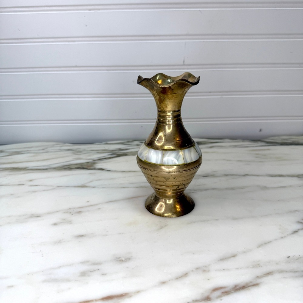 Vintage Brass Bud Vase Mother of Pearl Inlay Small Decorative Vase